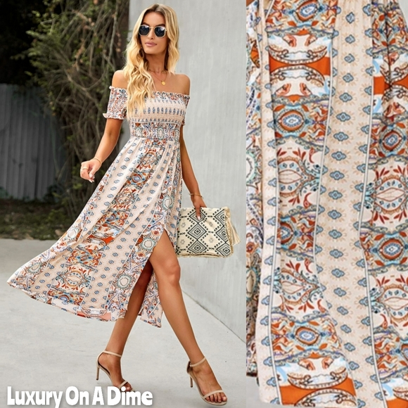 Bohemian Retro 70s Floral Smock Chest Off-Shoulder Midi Summer Dress Apricot - Picture 5 of 8